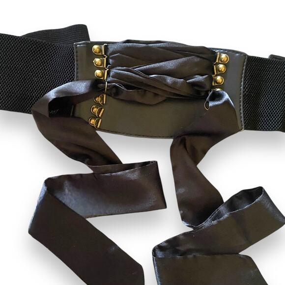 Vintage Corset Cinch Belt Black Stretch Elastic Faux Leather Snap Back Goth - Picture 2 of 8